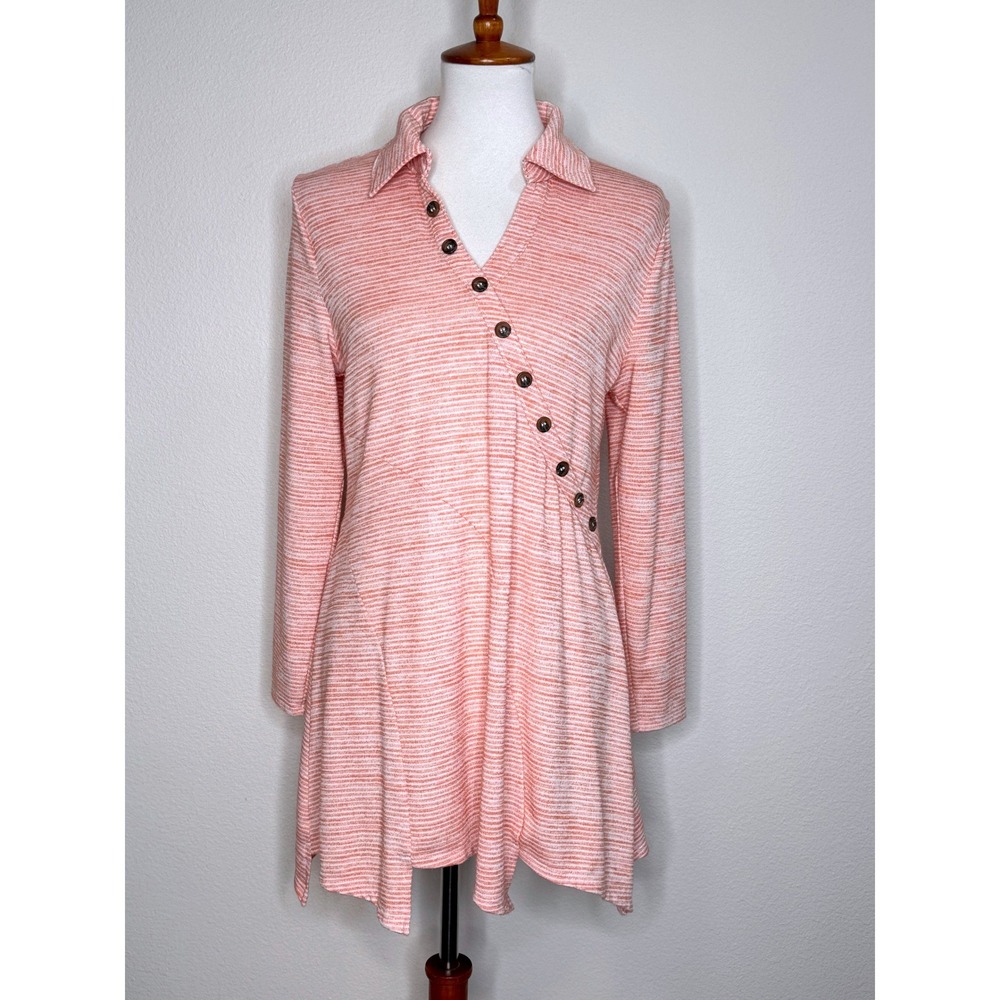 SOFT SURROUNDINGS Tamara Tunic MED Orange Stripe Diagonal Buttons Asymmetric Hem